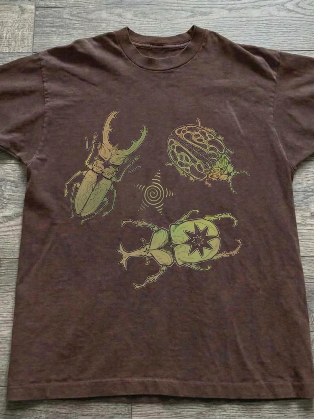 Gildan Brown Tee with Green Beetle Graphics